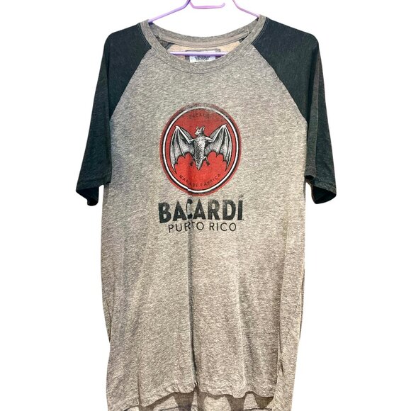 BACARDI RUM PUERTO RICO Tee Shirt Size Large Raglan Style Grey Distressed Look - Picture 2 of 8